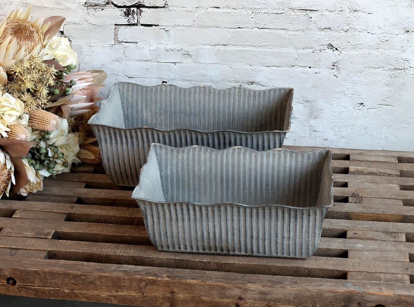 Antique Zinc Grooved Window Boxes, Set of 2