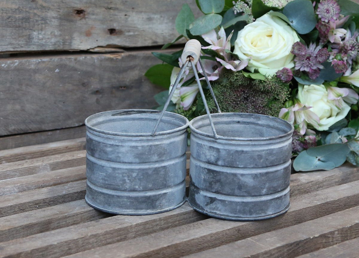 Aged Metal Twin Flowerpot, 2 Holders