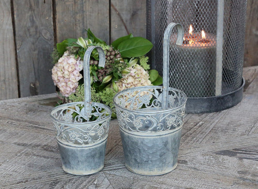 Antique Zinc Hanging Flowerpot With Cutout Floral Rim, Small