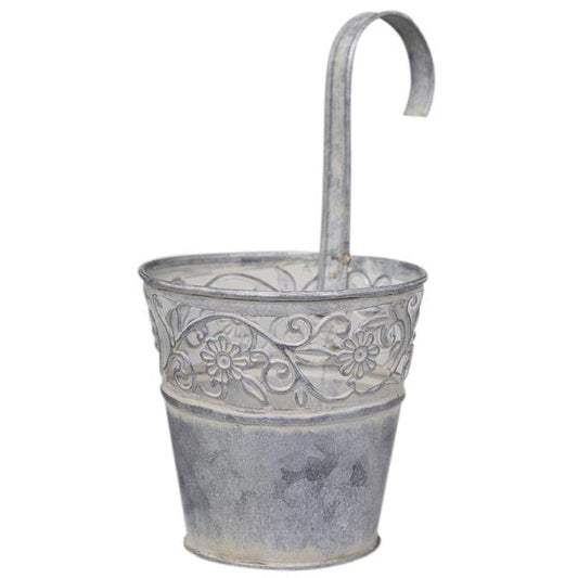 Antique Zinc Hanging Flowerpot With Cutout Floral Rim, Small