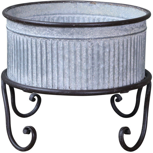 Antique Zinc Flowerpot on Foot With Grooves, Medium
