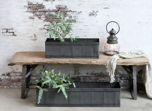 Antique Zinc Old French Grooved Flowerpots Set of 2