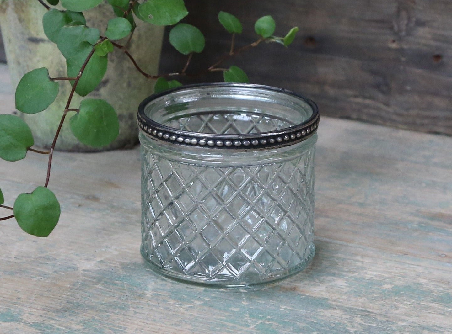 Patterned Glass Tealight Holder or Flowerpot with Metallic Pearl Edge, Small