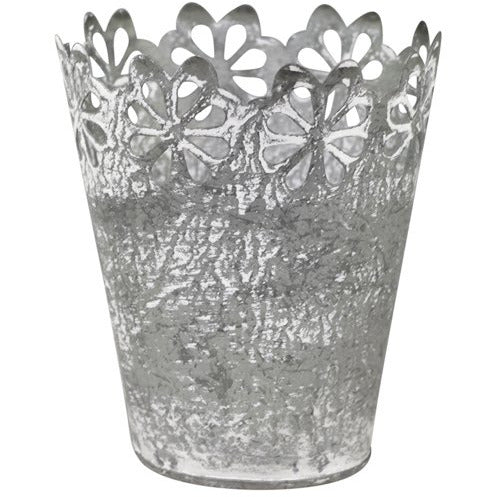 Antique Zinc Flowerpot With Cutout Edge of Flowers