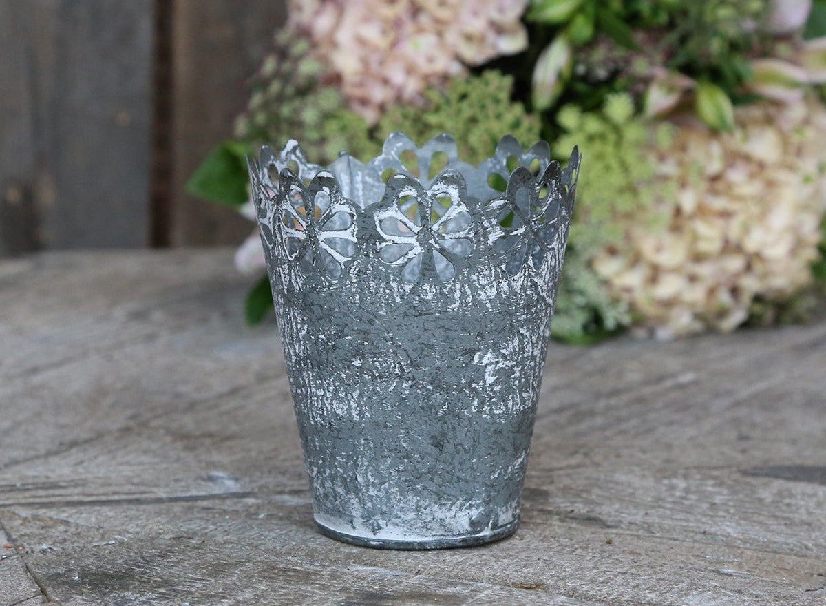 Antique Zinc Flowerpot With Cutout Edge of Flowers
