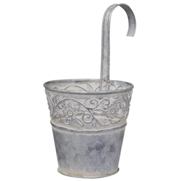 Antique Zinc Hanging Flowerpot With Cutout Floral Rim, Small
