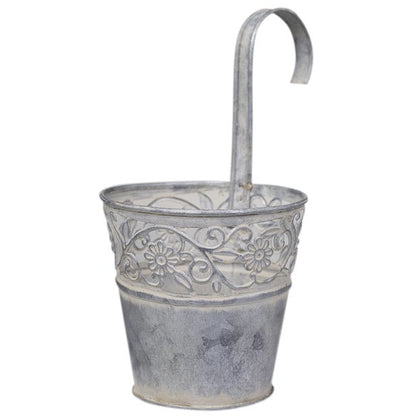 Antique Zinc Hanging Flowerpot With Cutout Floral Rim, Small
