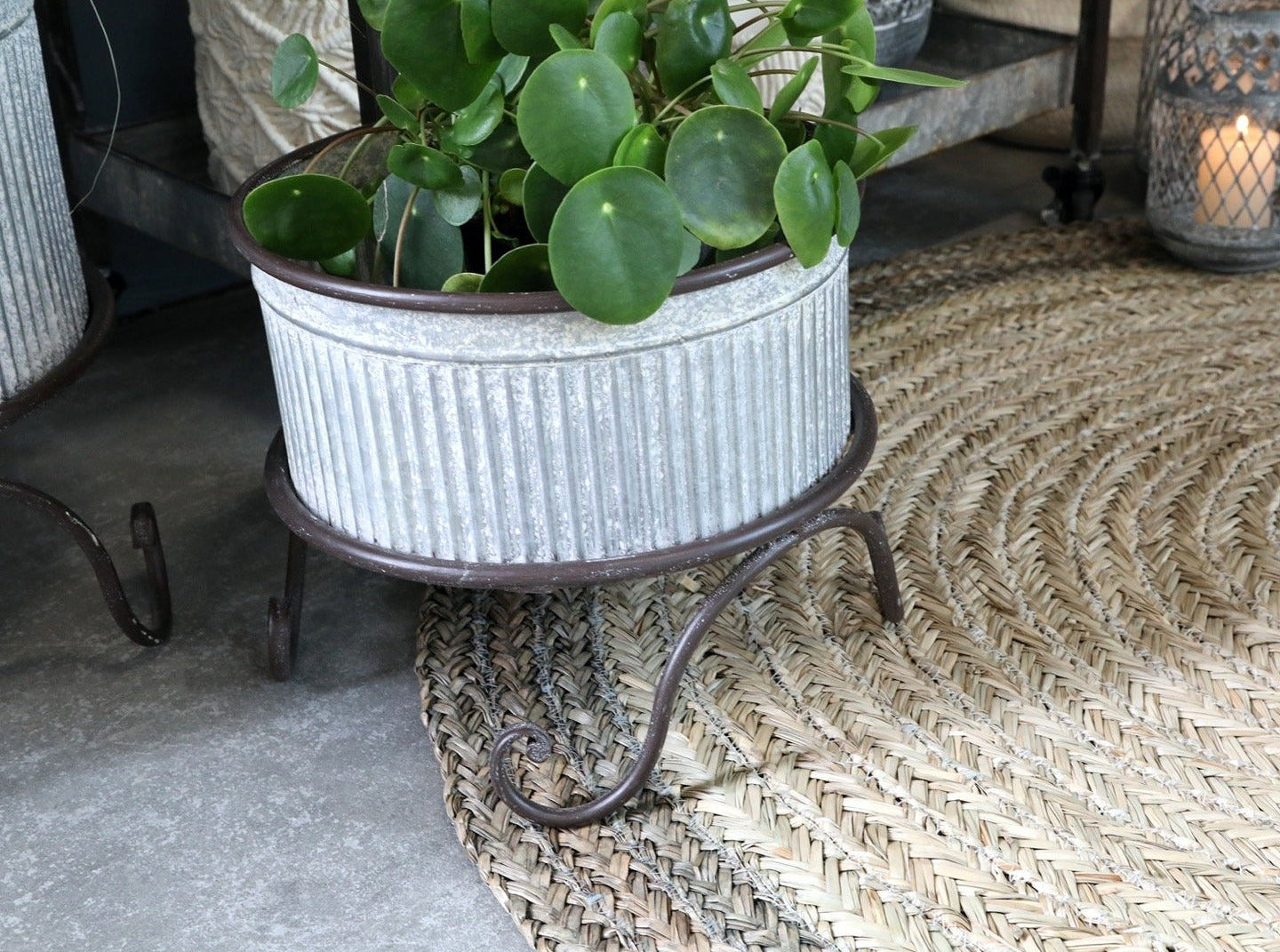 Antique Zinc Flowerpot on Foot With Grooves, Medium