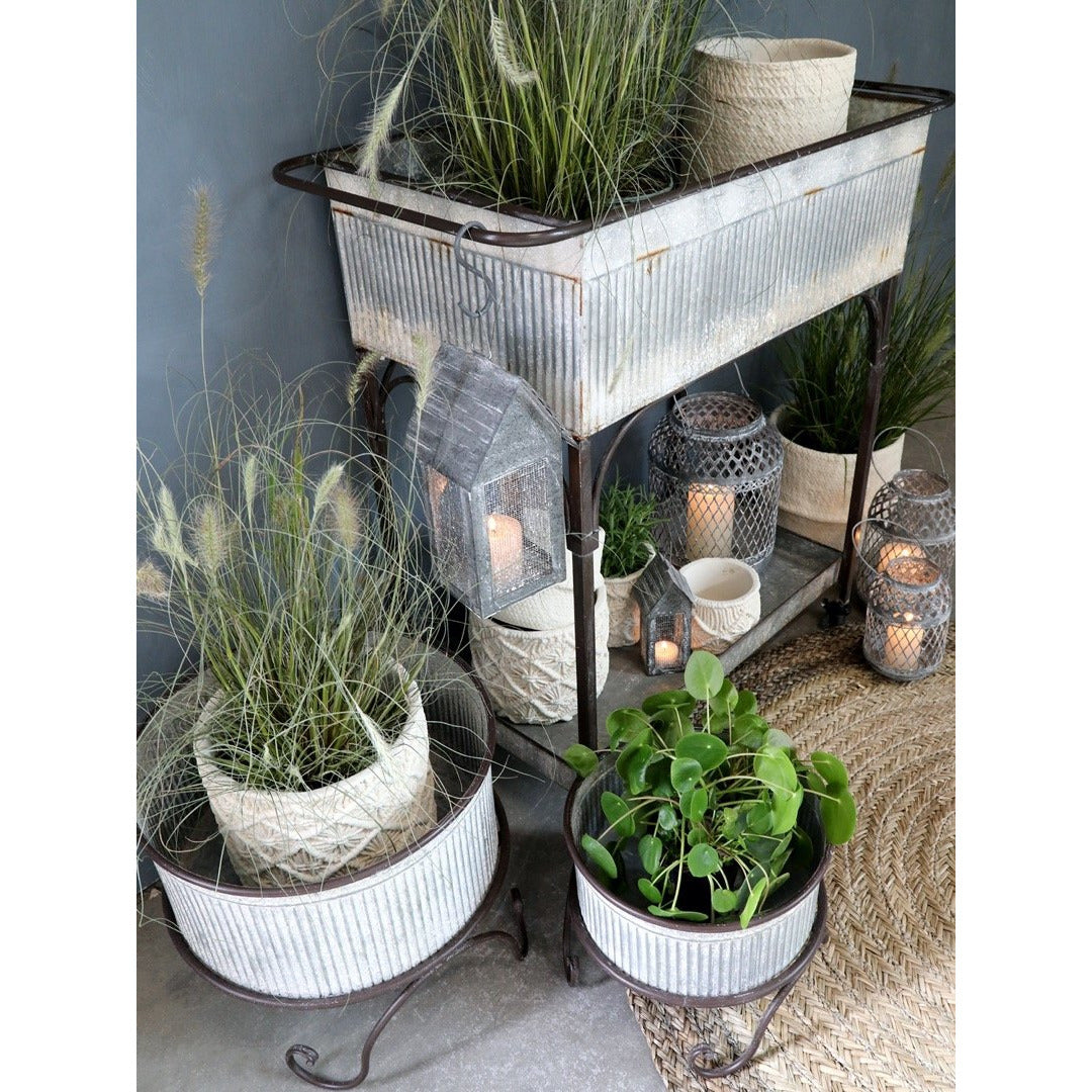 Antique Zinc Flowerpot on Foot With Grooves, Medium