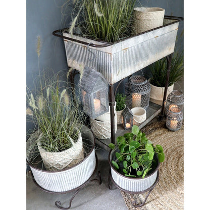 Antique Zinc Flowerpot on Foot With Grooves, Medium