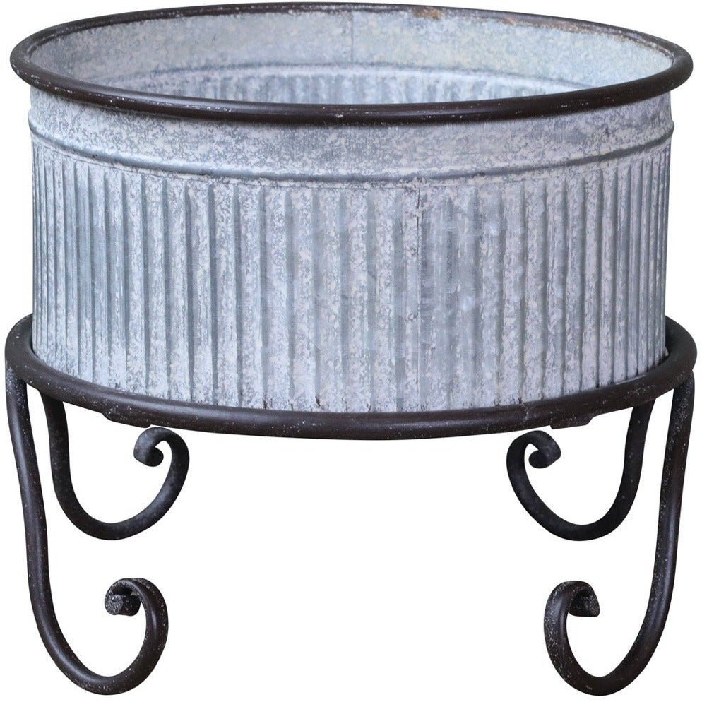 Antique Zinc Flowerpot on Foot With Grooves, Medium