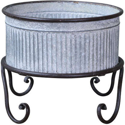 Antique Zinc Flowerpot on Foot With Grooves, Medium