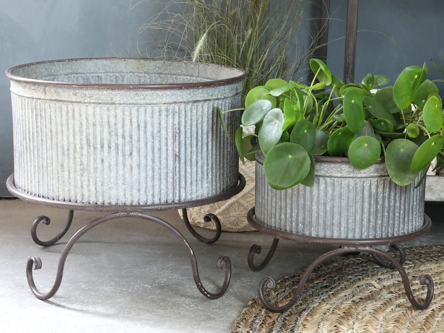 Antique Zinc Flowerpot on Foot With Grooves, Medium