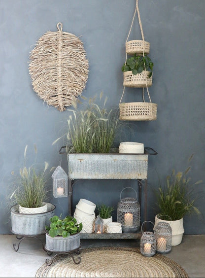 Antique Zinc Flowerpot on Foot With Grooves, Medium