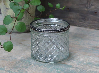 Patterned Glass Tealight Holder or Flowerpot with Metallic Pearl Edge, Small